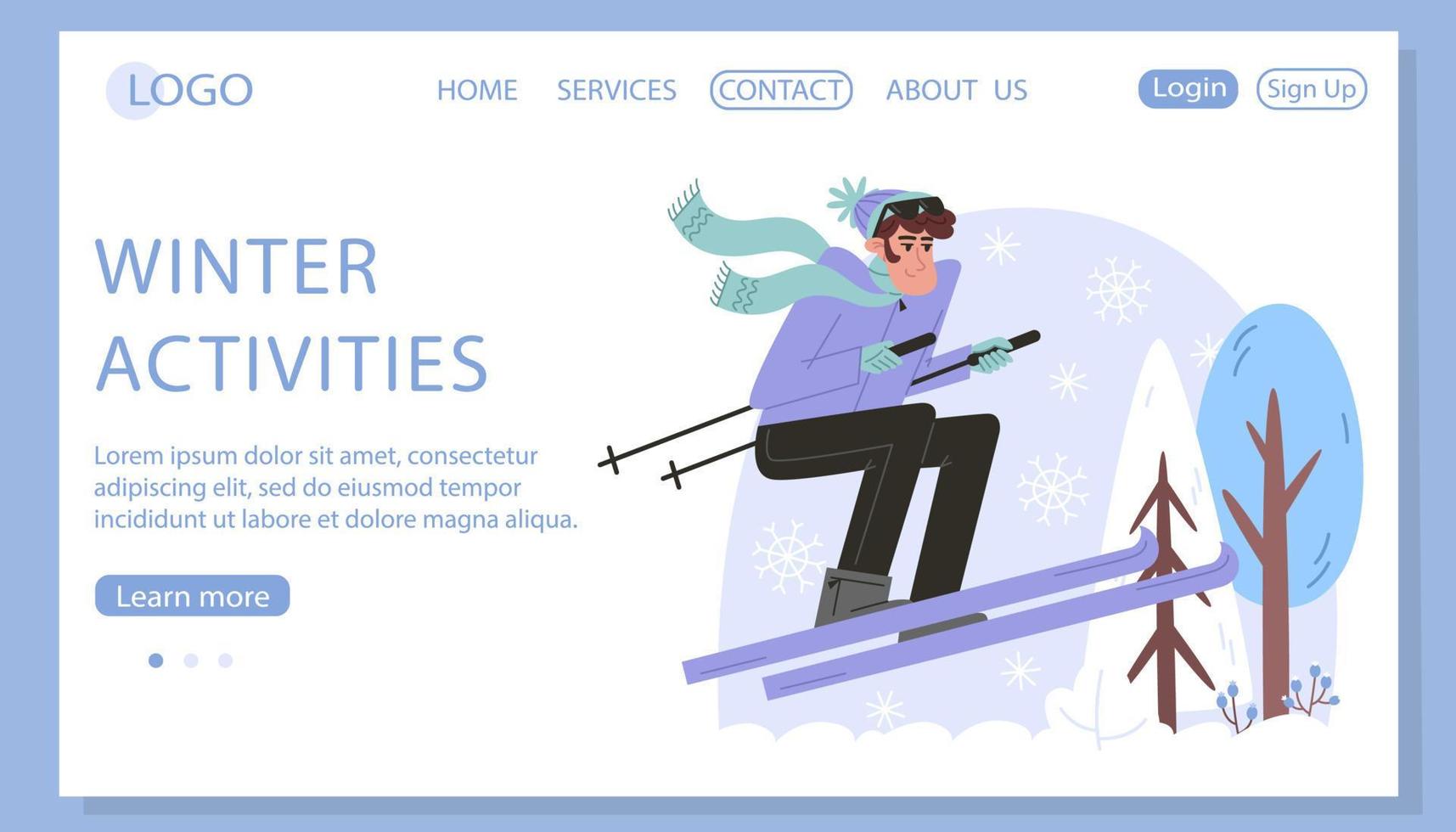 jong Mens skiën in sportkleding in winter Woud, web bladzijde sjabloon vector