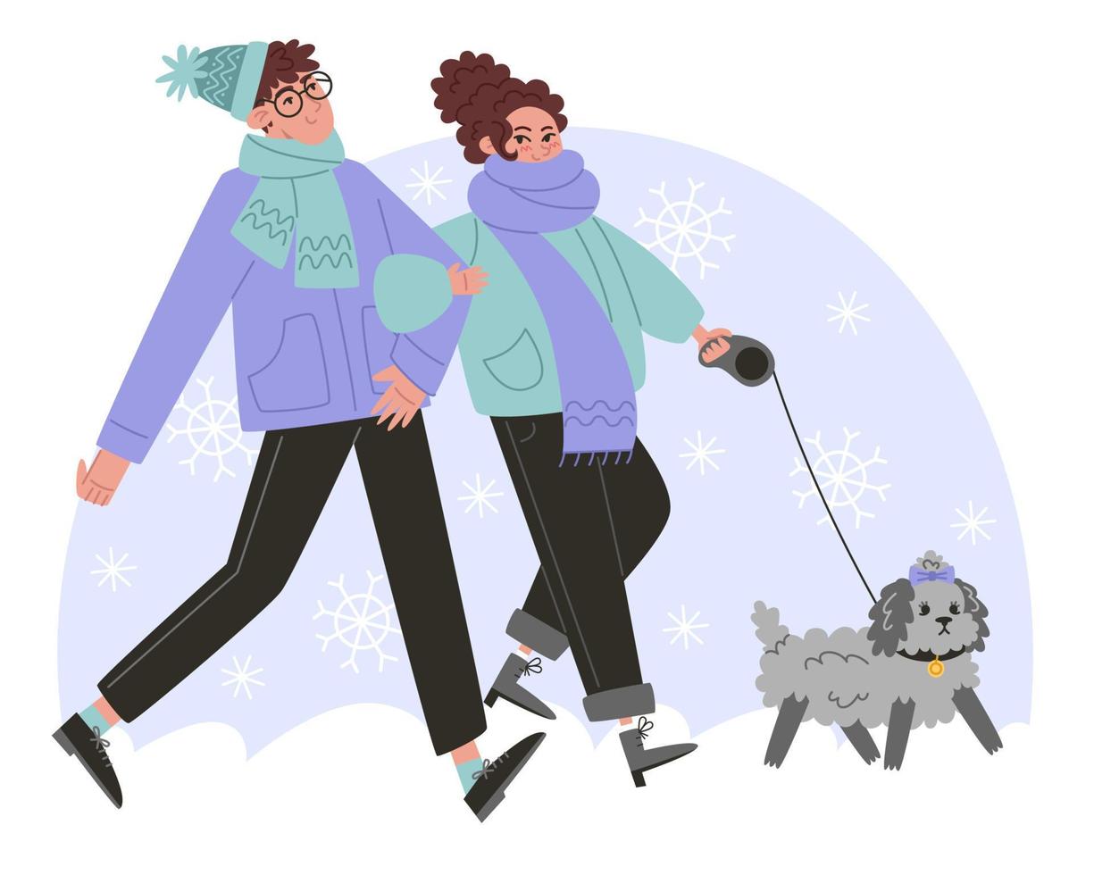 jong paar wandelen met een klein hond in winter vector