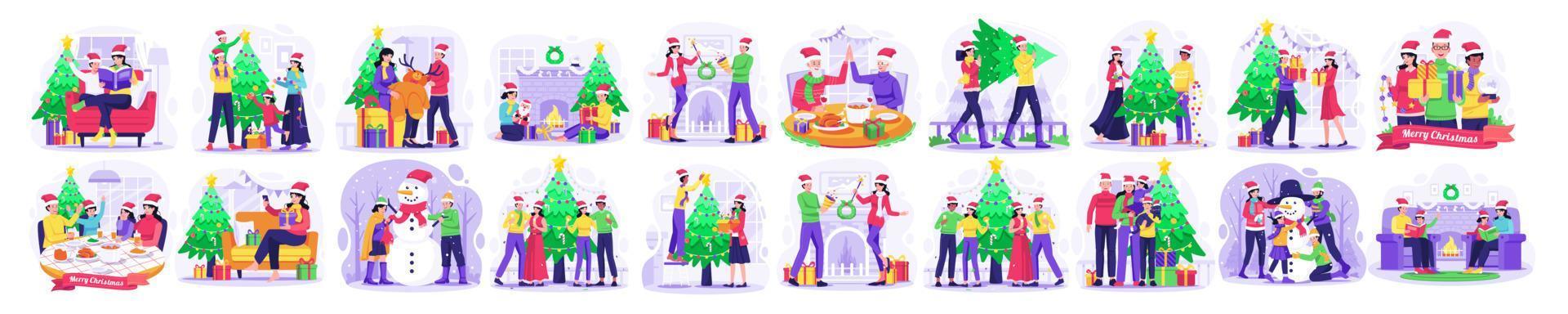 reeks bundel van Kerstmis en gelukkig nieuw jaar concept illustratie met mensen vieren Kerstmis winter vakantie feest. vector illustratie in vlak stijl