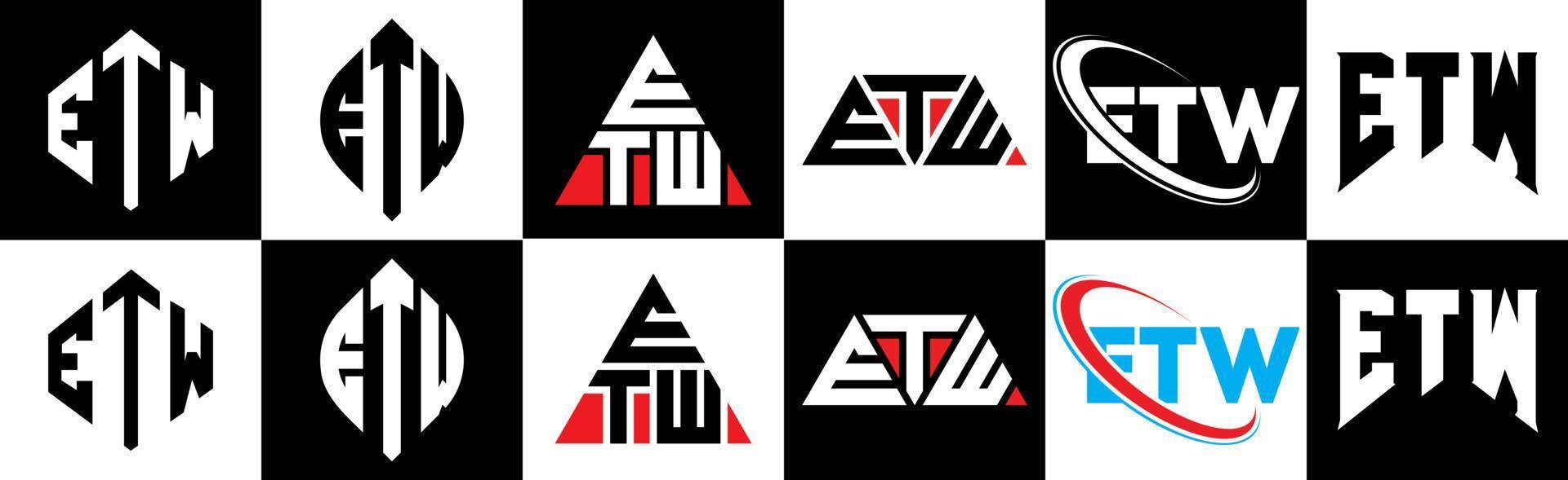 etw brief logo ontwerp in zes stijl. etw veelhoek, cirkel, driehoek, zeshoek, vlak en gemakkelijk stijl met zwart en wit kleur variatie brief logo reeks in een tekengebied. etw minimalistische en klassiek logo vector