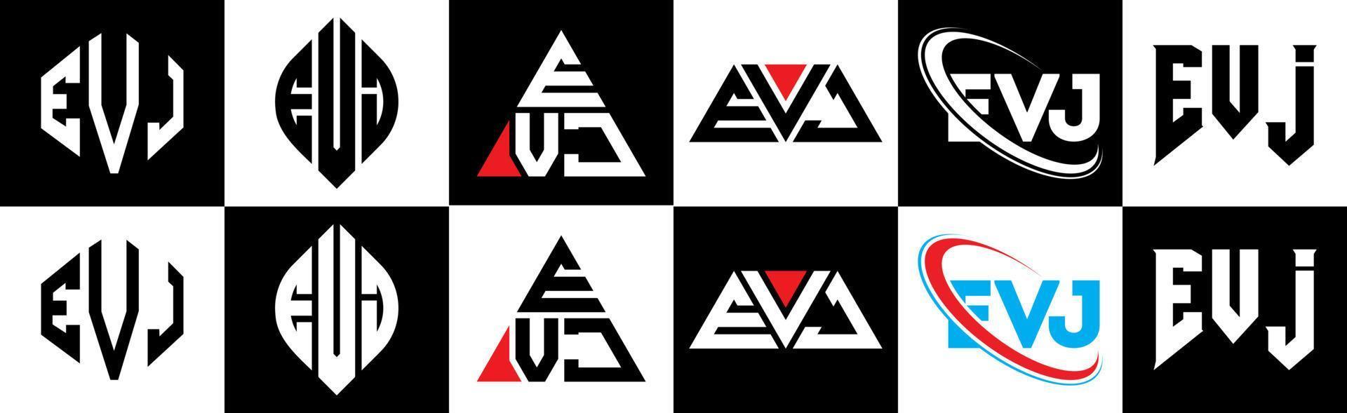 evj brief logo ontwerp in zes stijl. evj veelhoek, cirkel, driehoek, zeshoek, vlak en gemakkelijk stijl met zwart en wit kleur variatie brief logo reeks in een tekengebied. evj minimalistische en klassiek logo vector