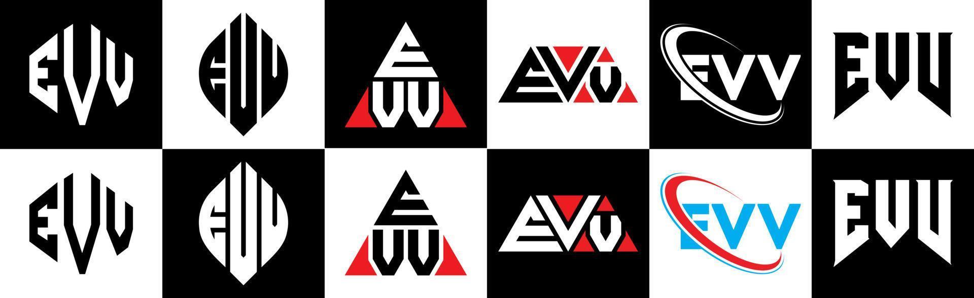 evv brief logo ontwerp in zes stijl. evv veelhoek, cirkel, driehoek, zeshoek, vlak en gemakkelijk stijl met zwart en wit kleur variatie brief logo reeks in een tekengebied. evv minimalistische en klassiek logo vector