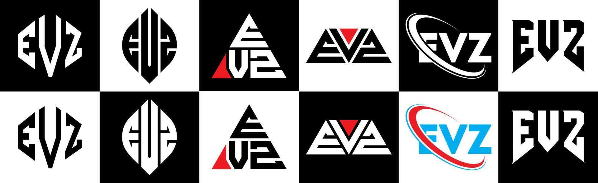 evz brief logo ontwerp in zes stijl. evz veelhoek, cirkel, driehoek, zeshoek, vlak en gemakkelijk stijl met zwart en wit kleur variatie brief logo reeks in een tekengebied. evz minimalistische en klassiek logo vector