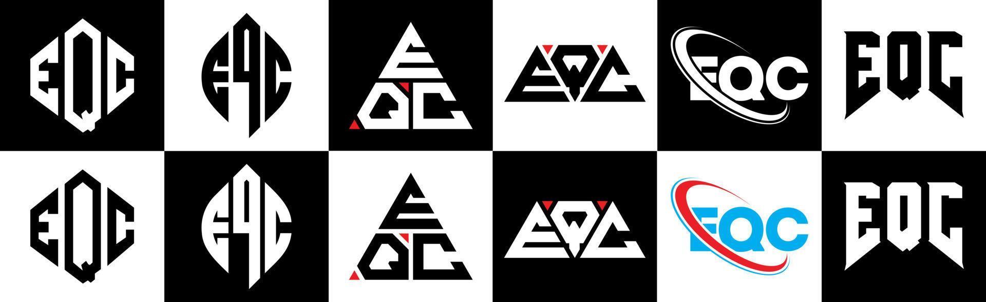 eqc brief logo ontwerp in zes stijl. eqc veelhoek, cirkel, driehoek, zeshoek, vlak en gemakkelijk stijl met zwart en wit kleur variatie brief logo reeks in een tekengebied. eqc minimalistische en klassiek logo vector