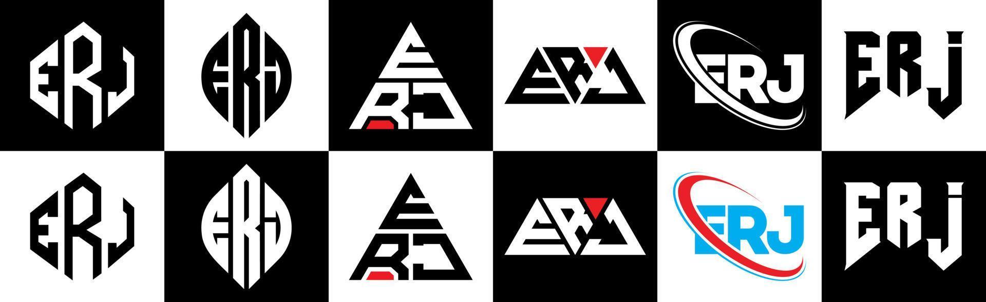 erj brief logo ontwerp in zes stijl. erj veelhoek, cirkel, driehoek, zeshoek, vlak en gemakkelijk stijl met zwart en wit kleur variatie brief logo reeks in een tekengebied. erj minimalistische en klassiek logo vector