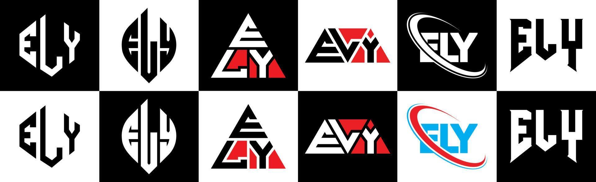 ely brief logo ontwerp in zes stijl. ely veelhoek, cirkel, driehoek, zeshoek, vlak en gemakkelijk stijl met zwart en wit kleur variatie brief logo reeks in een tekengebied. ely minimalistische en klassiek logo vector