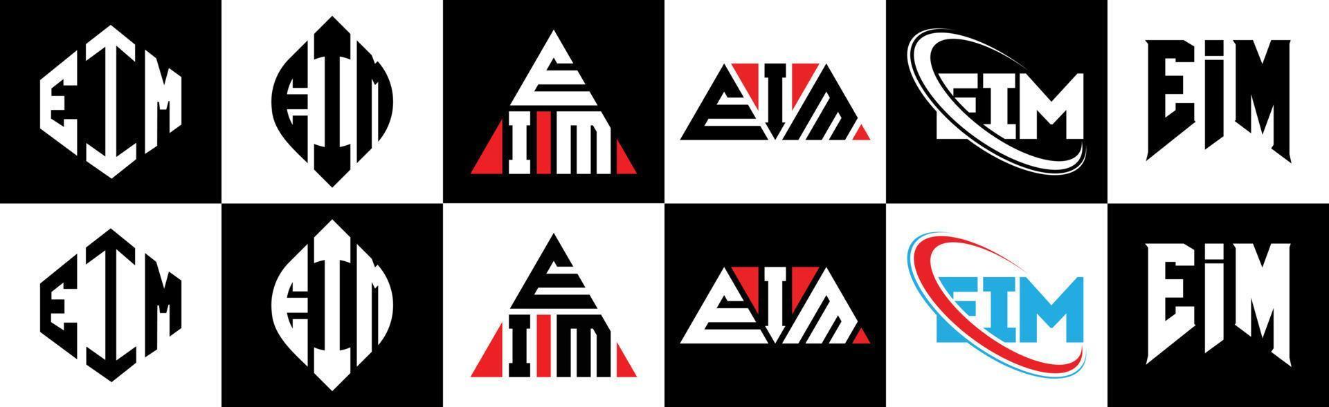 eim brief logo ontwerp in zes stijl. eim veelhoek, cirkel, driehoek, zeshoek, vlak en gemakkelijk stijl met zwart en wit kleur variatie brief logo reeks in een tekengebied. eim minimalistische en klassiek logo vector