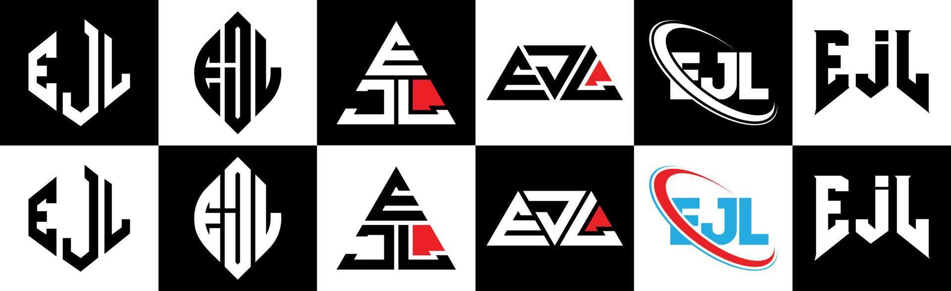 ejl brief logo ontwerp in zes stijl. ejl veelhoek, cirkel, driehoek, zeshoek, vlak en gemakkelijk stijl met zwart en wit kleur variatie brief logo reeks in een tekengebied. ejl minimalistische en klassiek logo vector