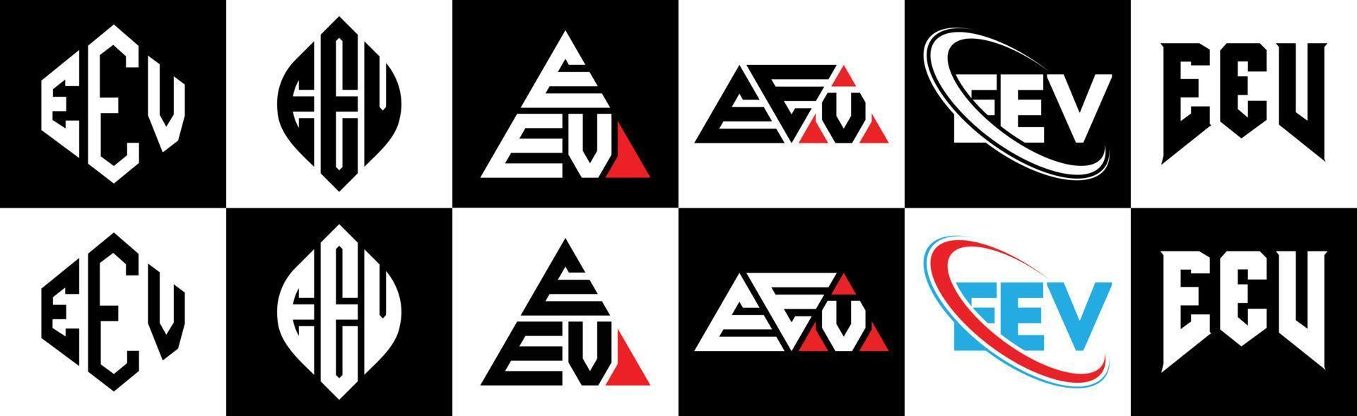 eev brief logo ontwerp in zes stijl. eev veelhoek, cirkel, driehoek, zeshoek, vlak en gemakkelijk stijl met zwart en wit kleur variatie brief logo reeks in een tekengebied. eev minimalistische en klassiek logo vector