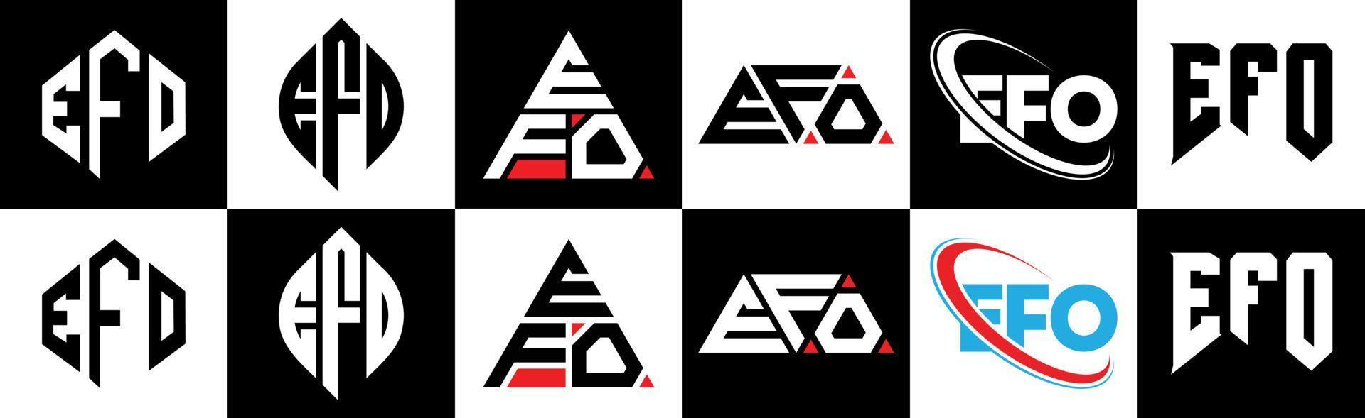 efo brief logo ontwerp in zes stijl. efo veelhoek, cirkel, driehoek, zeshoek, vlak en gemakkelijk stijl met zwart en wit kleur variatie brief logo reeks in een tekengebied. efo minimalistische en klassiek logo vector