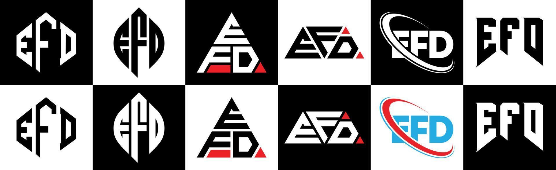 efd brief logo ontwerp in zes stijl. efd veelhoek, cirkel, driehoek, zeshoek, vlak en gemakkelijk stijl met zwart en wit kleur variatie brief logo reeks in een tekengebied. efd minimalistische en klassiek logo vector