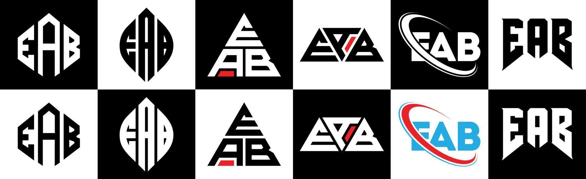 eab brief logo ontwerp in zes stijl. eab veelhoek, cirkel, driehoek, zeshoek, vlak en gemakkelijk stijl met zwart en wit kleur variatie brief logo reeks in een tekengebied. eab minimalistische en klassiek logo vector