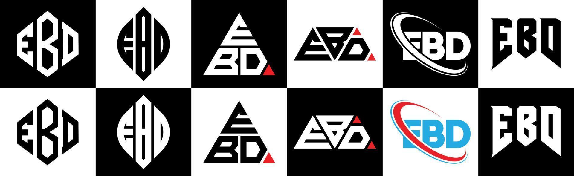 ebd brief logo ontwerp in zes stijl. ebd veelhoek, cirkel, driehoek, zeshoek, vlak en gemakkelijk stijl met zwart en wit kleur variatie brief logo reeks in een tekengebied. ebd minimalistische en klassiek logo vector