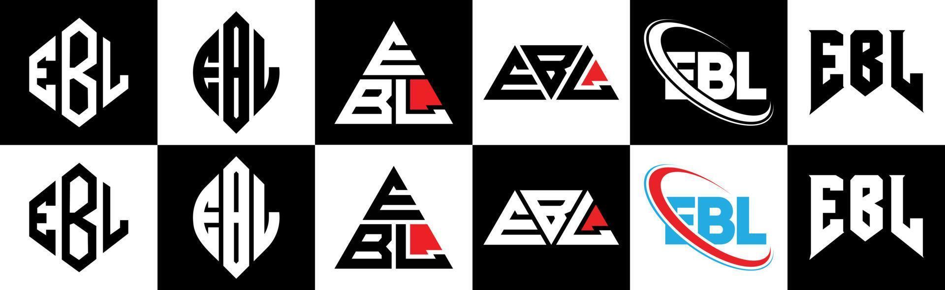 ebl brief logo ontwerp in zes stijl. ebl veelhoek, cirkel, driehoek, zeshoek, vlak en gemakkelijk stijl met zwart en wit kleur variatie brief logo reeks in een tekengebied. ebl minimalistische en klassiek logo vector