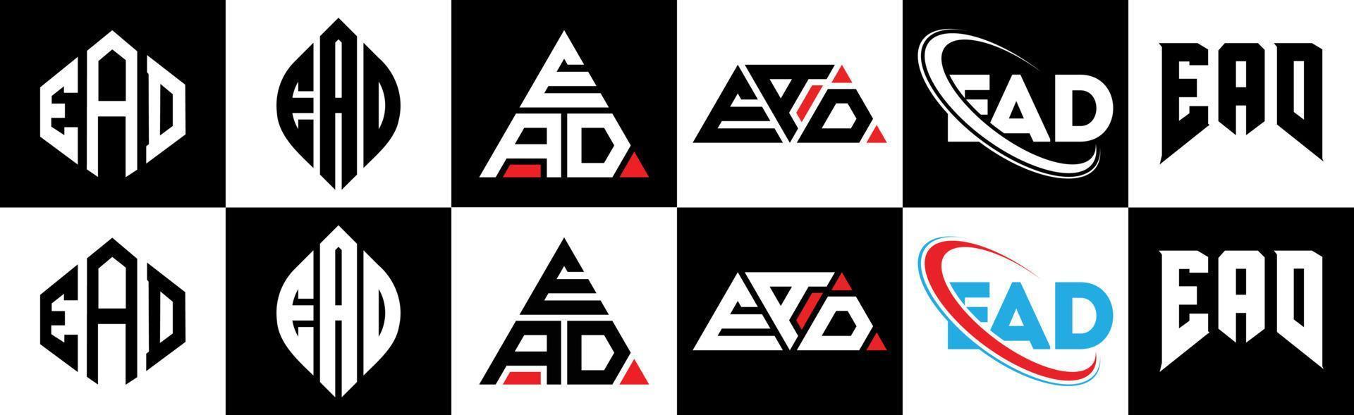 ead brief logo ontwerp in zes stijl. ead veelhoek, cirkel, driehoek, zeshoek, vlak en gemakkelijk stijl met zwart en wit kleur variatie brief logo reeks in een tekengebied. ead minimalistische en klassiek logo vector