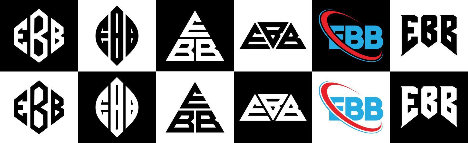 eb brief logo ontwerp in zes stijl. eb veelhoek, cirkel, driehoek, zeshoek, vlak en gemakkelijk stijl met zwart en wit kleur variatie brief logo reeks in een tekengebied. eb minimalistische en klassiek logo vector