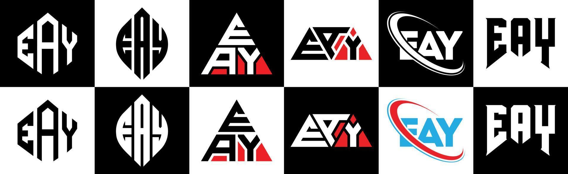 eay brief logo ontwerp in zes stijl. eay veelhoek, cirkel, driehoek, zeshoek, vlak en gemakkelijk stijl met zwart en wit kleur variatie brief logo reeks in een tekengebied. eay minimalistische en klassiek logo vector