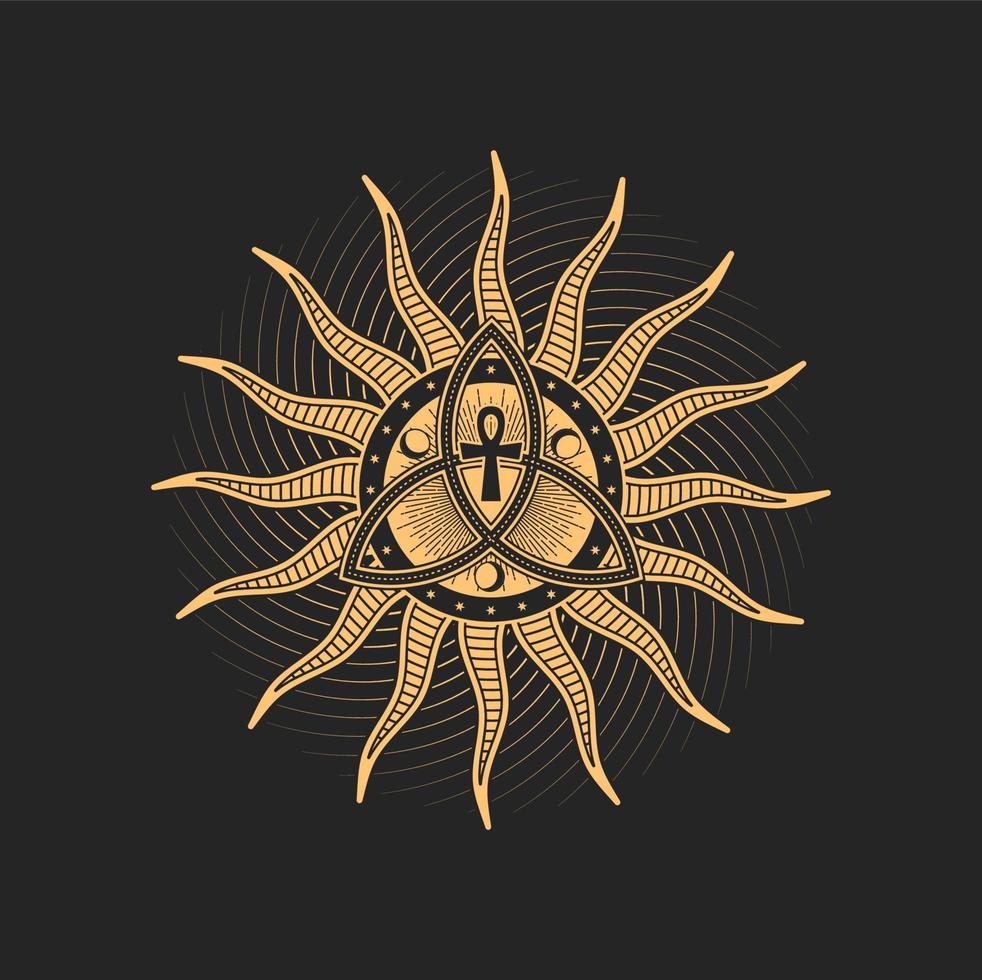 triquetra, halve manen en ankh kruis binnen van zon vector