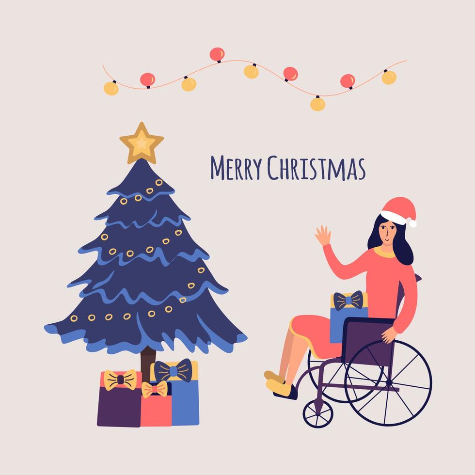 gehandicapt meisje vieren kerstmis. tekenfilm vector kaart