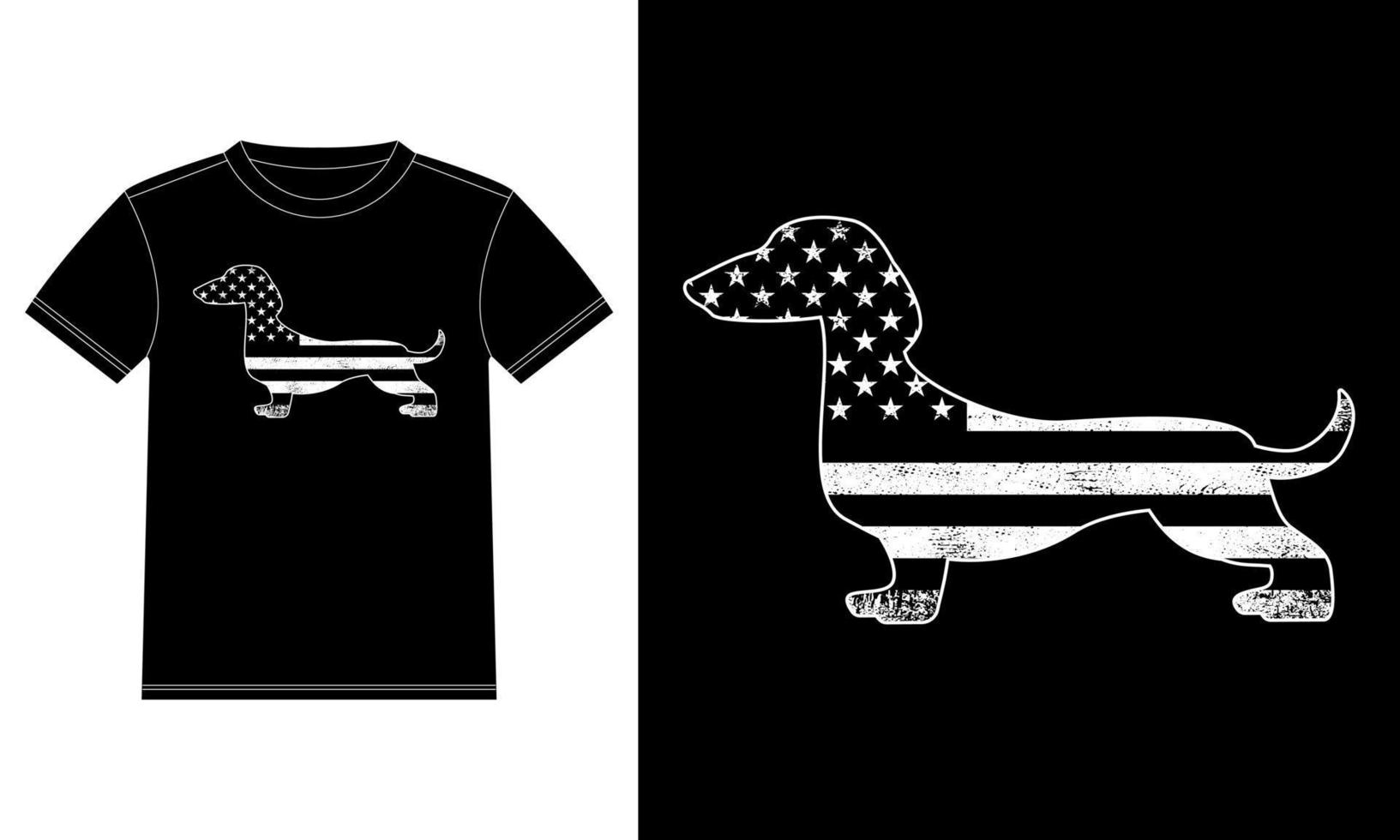 teckel met Amerikaans vlag t-shirt ontwerp sjabloon, auto venster sticker, peul, omslag, geïsoleerd zwart achtergrond vector