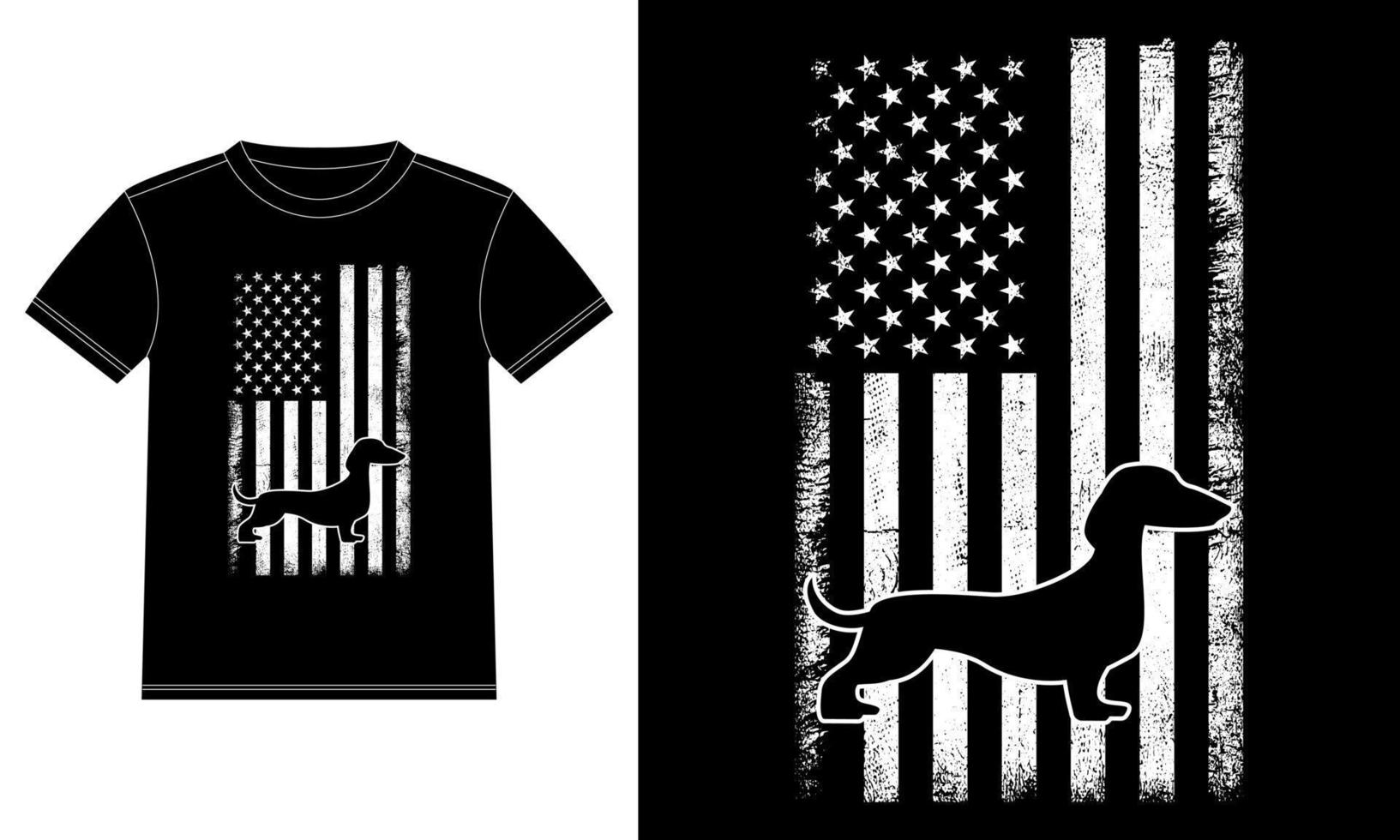 teckel met Amerikaans vlag t-shirt ontwerp sjabloon, auto venster sticker, peul, omslag, geïsoleerd zwart achtergrond vector