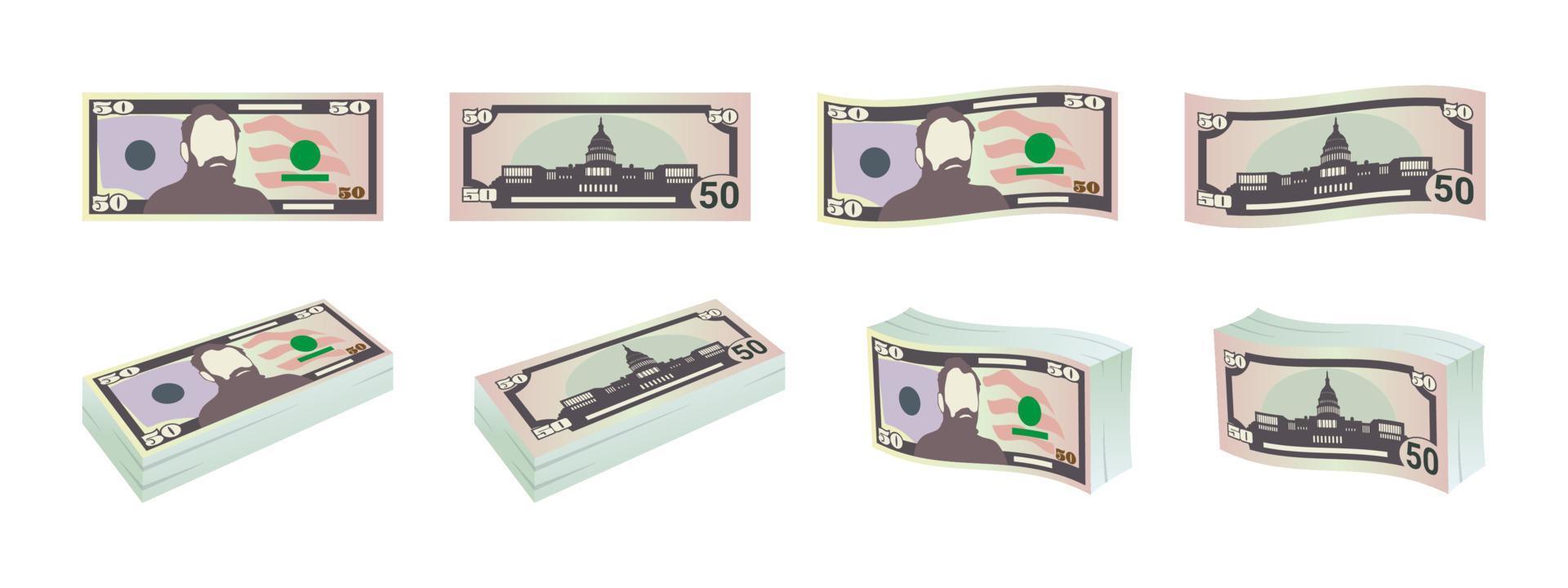 geld. vijftig dollar rekeningen. dollars bankbiljetten van voorkant en omgekeerde kant. dollar bankbiljetten set. vector illustratie