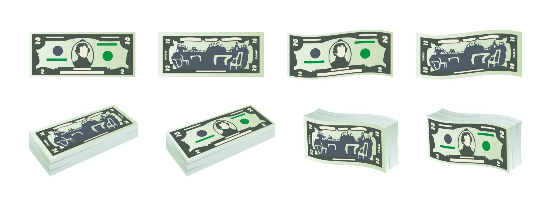 geld pictogrammen. twee dollar rekeningen. dollars bankbiljetten van voorkant en omgekeerde kant. dollar bankbiljetten set. vector illustratie
