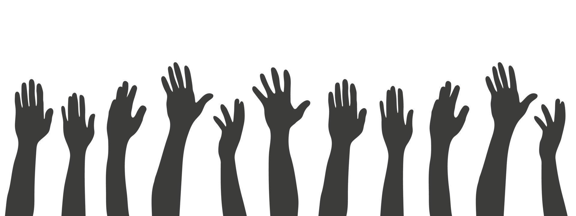 reeks van silhouetten handen. zwart menselijk handen. armen en handen verhoogd. vector illustratie