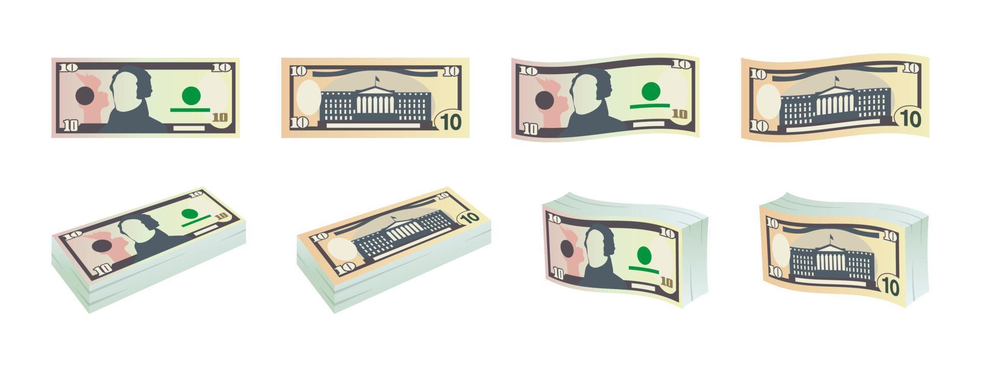 dollars pictogrammen. tien dollar rekeningen. dollars bankbiljetten van voorkant en omgekeerde kant. dollar bankbiljetten set. vector illustratie