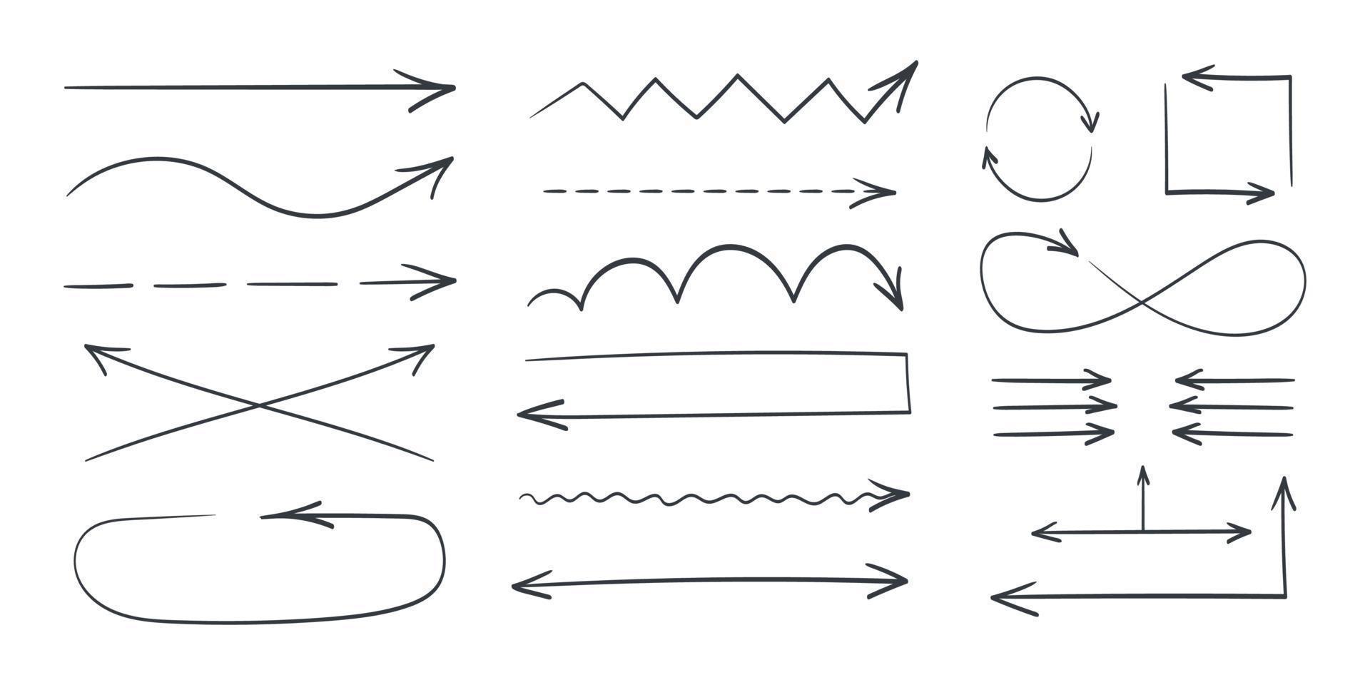 pijl pictogrammen. zwart dun hand- getrokken pijlen. getrokken vector pijlen