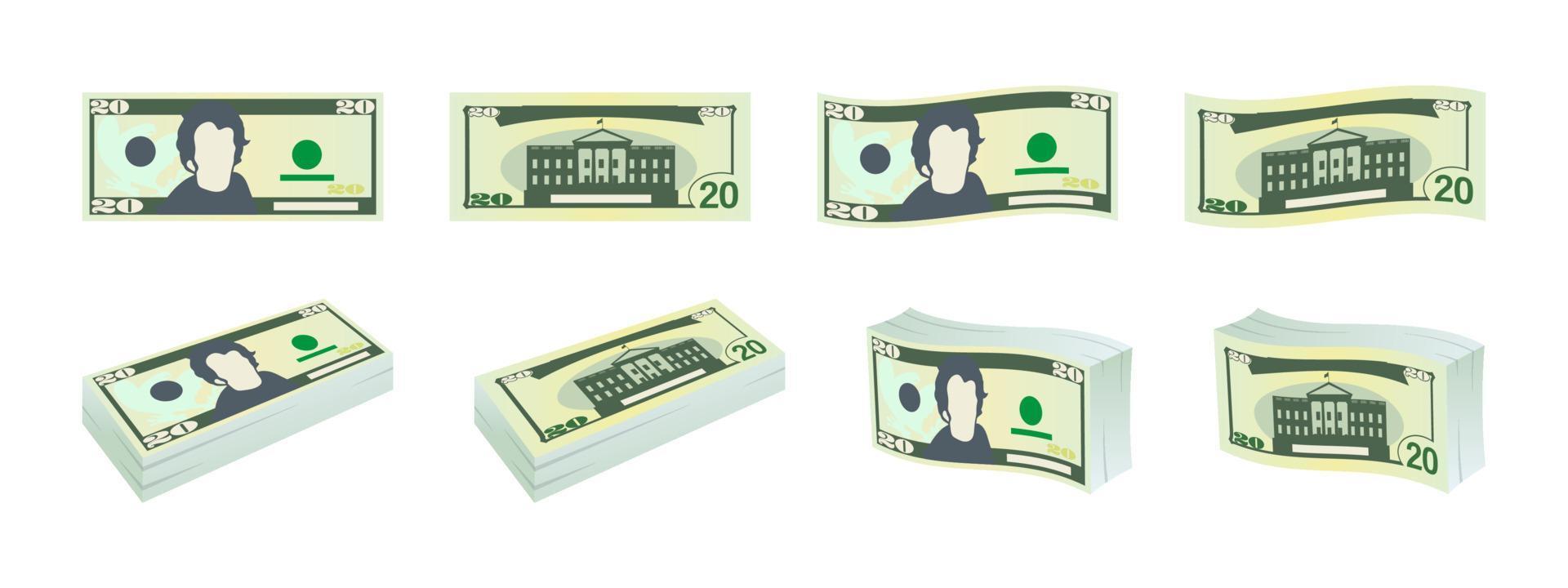 dollars pictogrammen. twintig dollar rekeningen. dollars bankbiljetten van voorkant en omgekeerde kant. dollar bankbiljetten set. vector illustratie