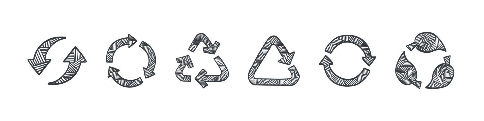 recycling pictogrammen set. recycling pijlen. getrokken pictogrammen van de recyclen. vector illustratie