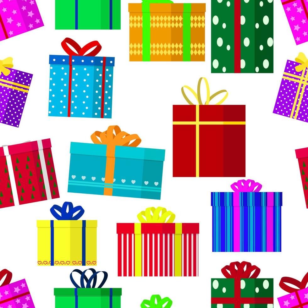 naadloos patroon geschenk doos reeks Aan wit achtergrond. Cadeau verrassing verjaardag Kerstmis patroon. vector geschenk dozen ontworpen voor achtergrond, behang, textuur, textiel, kleding stof, geschenk omhulsel papier.