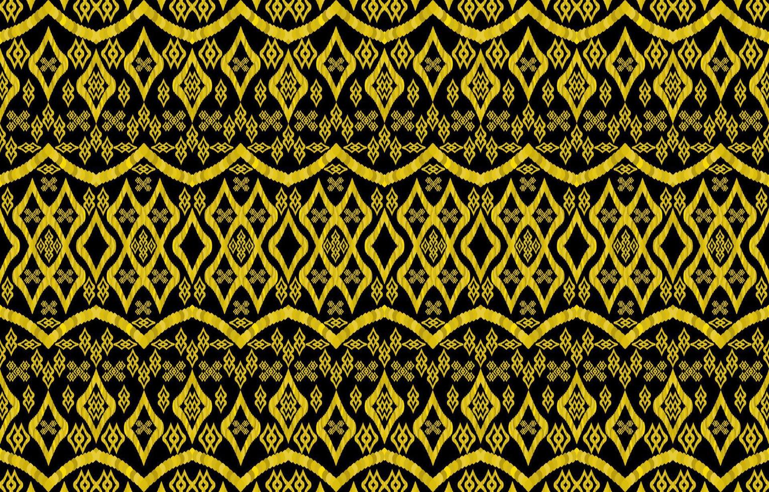 gouden Koninklijk ikat patronen Aan zwart achtergrond. meetkundig tribal wijnoogst retro stijl. etnisch kleding stof ikat naadloos patroon. Indisch Navajo aztec ikat afdrukken vector. ontwerp voor backdrop structuur textiel. vector