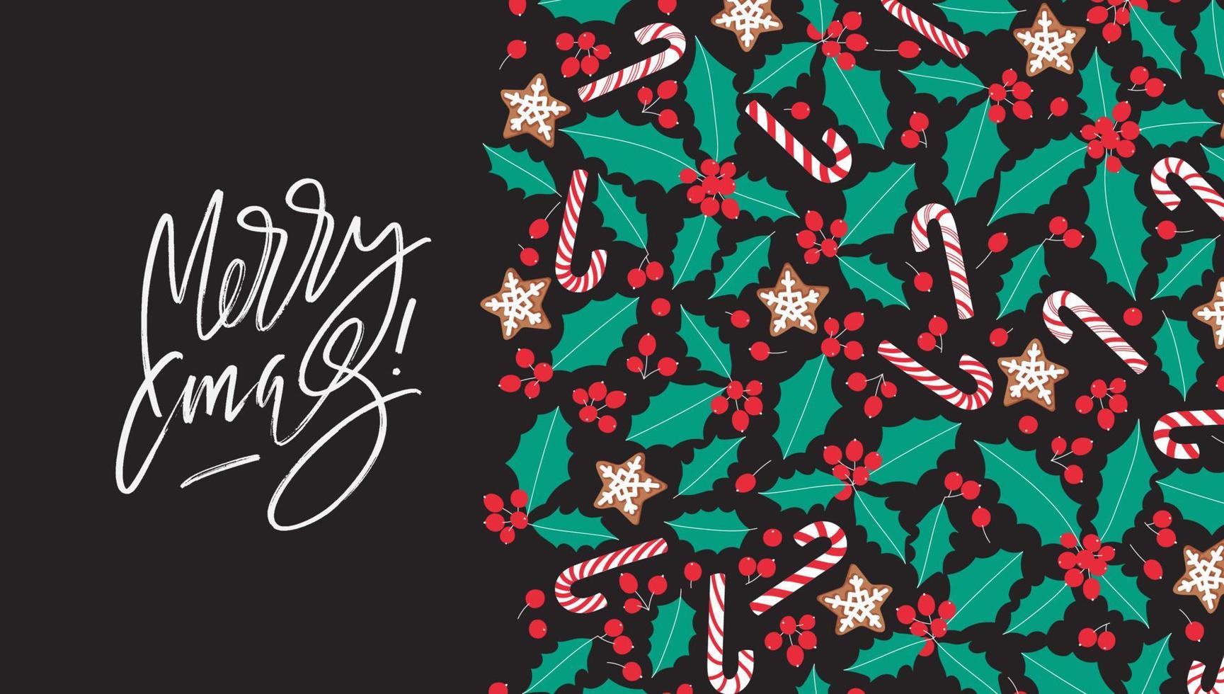 vrolijk Kerstmis groet horizontaal vorm kaart. markeerstift geschreven belettering met gestileerde hulst bladeren en bessen. vector achtergrond voor Kerstmis vakantie.