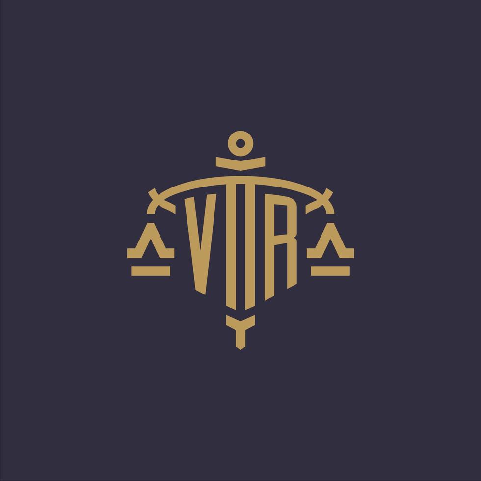 monogram vr logo voor wettelijk firma met meetkundig schaal en zwaard stijl vector