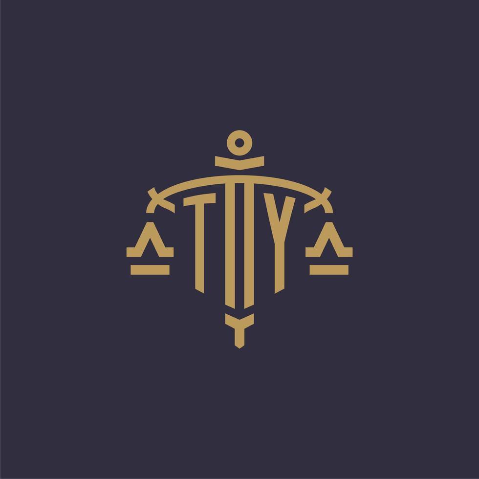 monogram ty logo voor wettelijk firma met meetkundig schaal en zwaard stijl vector