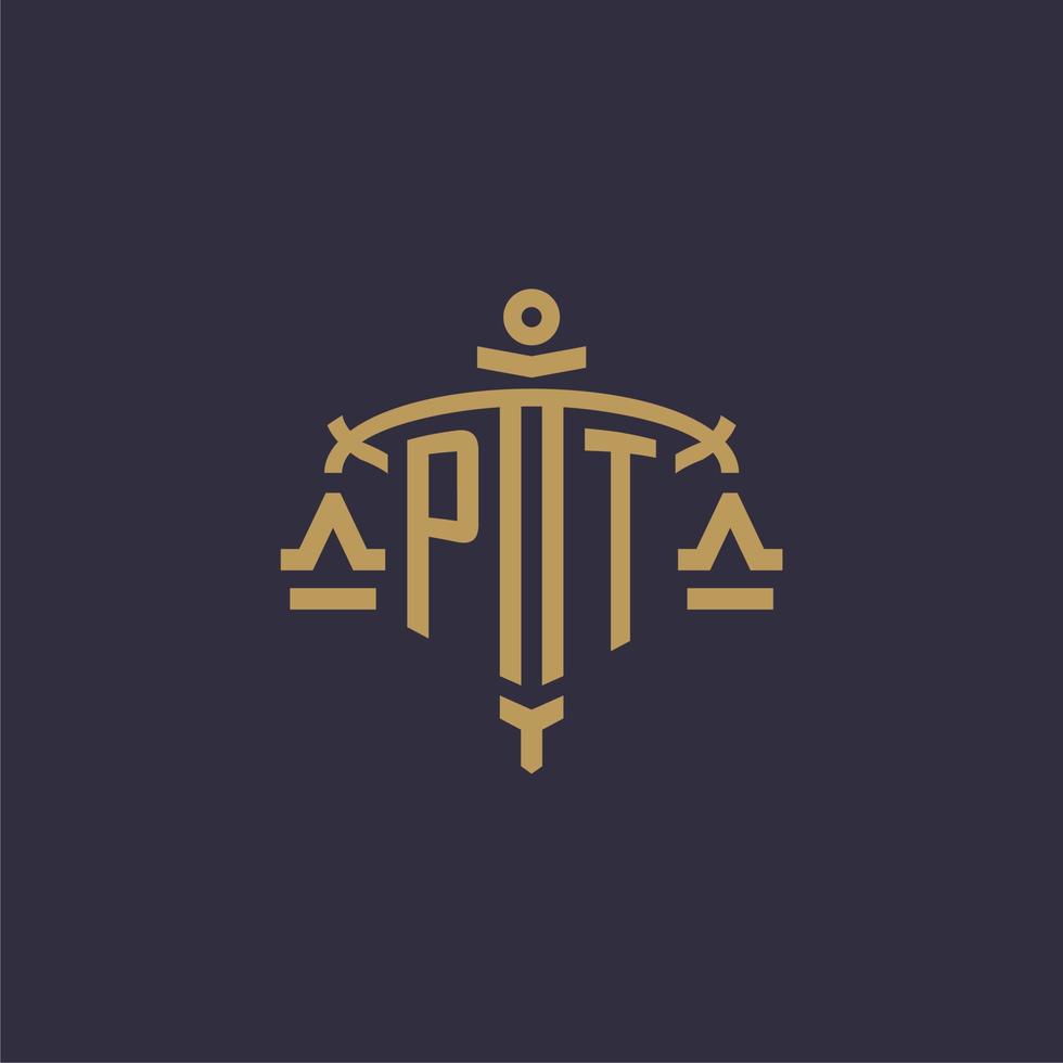 monogram pt logo voor wettelijk firma met meetkundig schaal en zwaard stijl vector