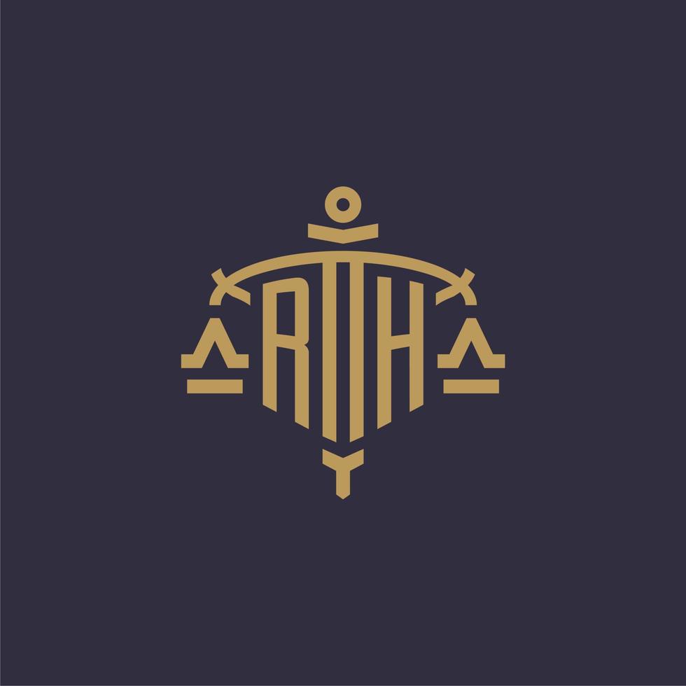 monogram rh logo voor wettelijk firma met meetkundig schaal en zwaard stijl vector