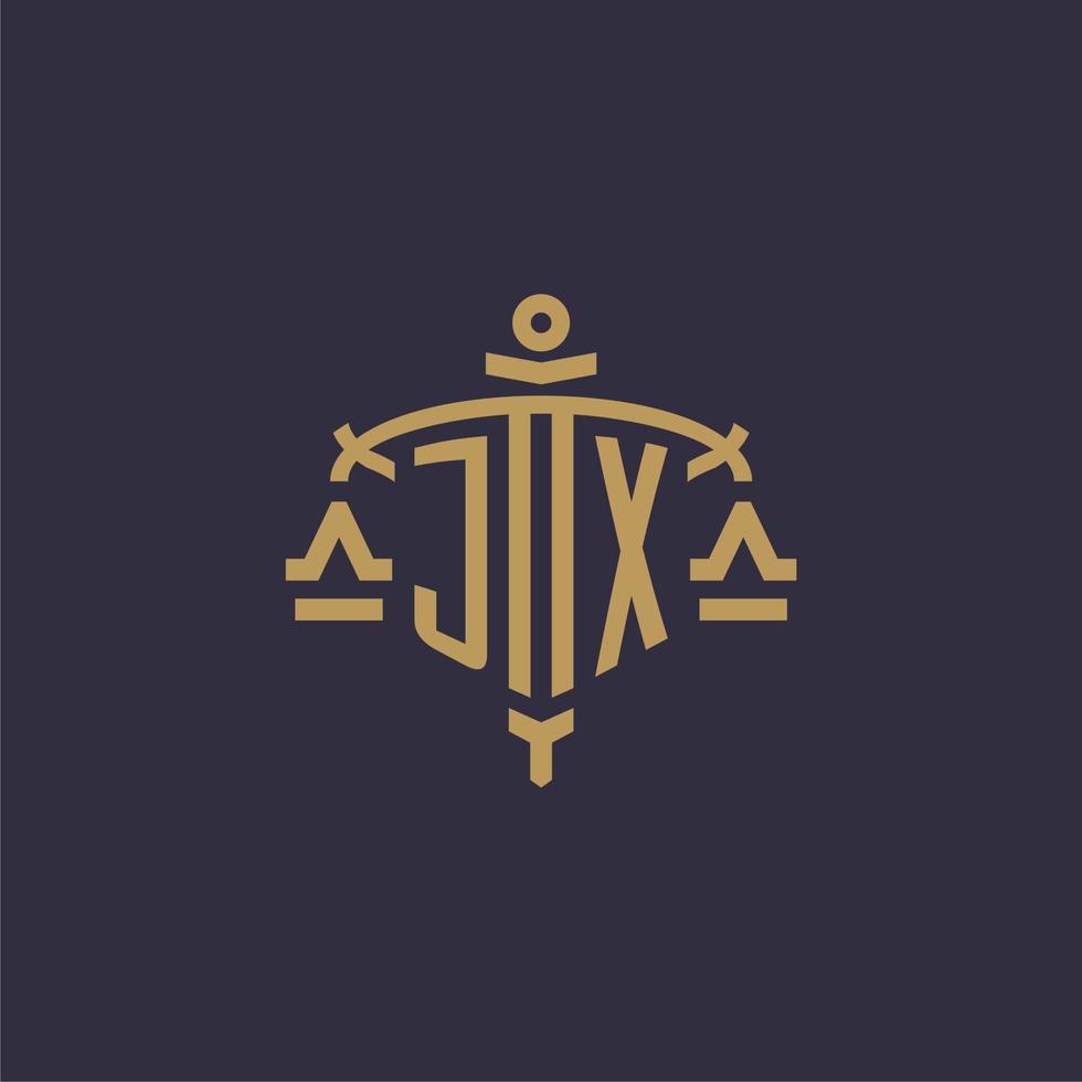 monogram jx logo voor wettelijk firma met meetkundig schaal en zwaard stijl vector