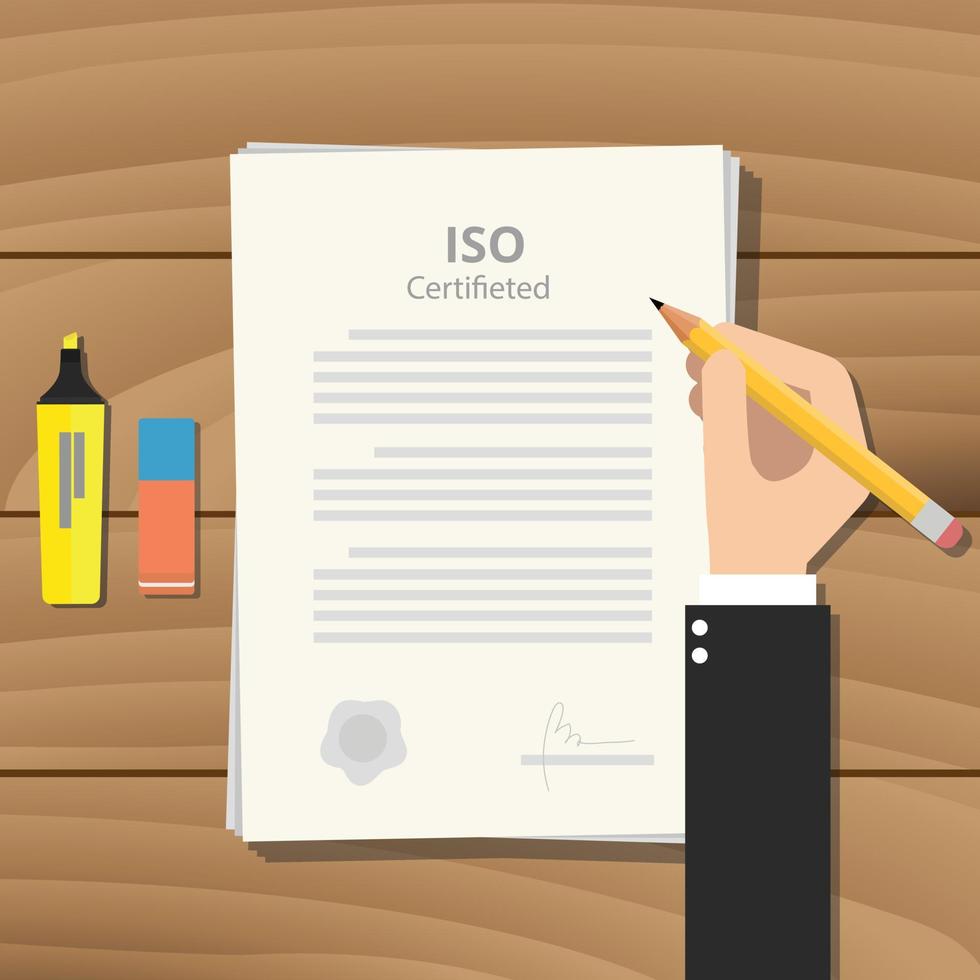 iso gecertificeerd of certificaat met papier en teken hand- vector