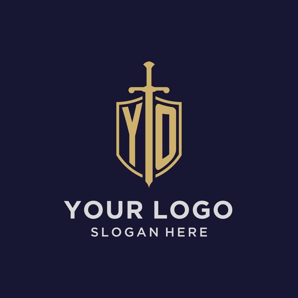 yo logo eerste monogram met schild en zwaard ontwerp vector