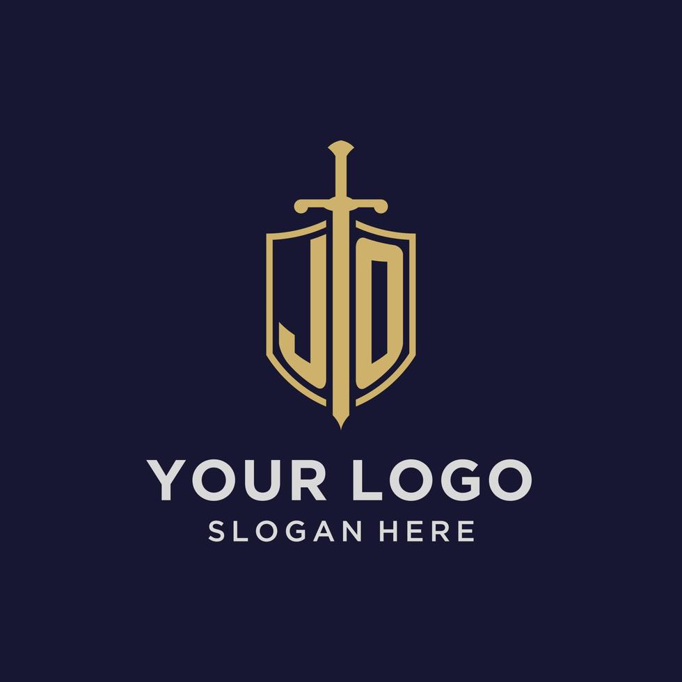 jo logo eerste monogram met schild en zwaard ontwerp vector