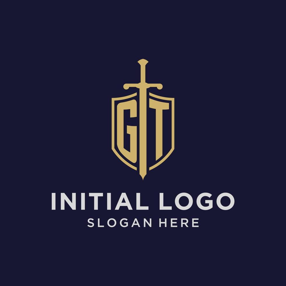 gt logo eerste monogram met schild en zwaard ontwerp vector
