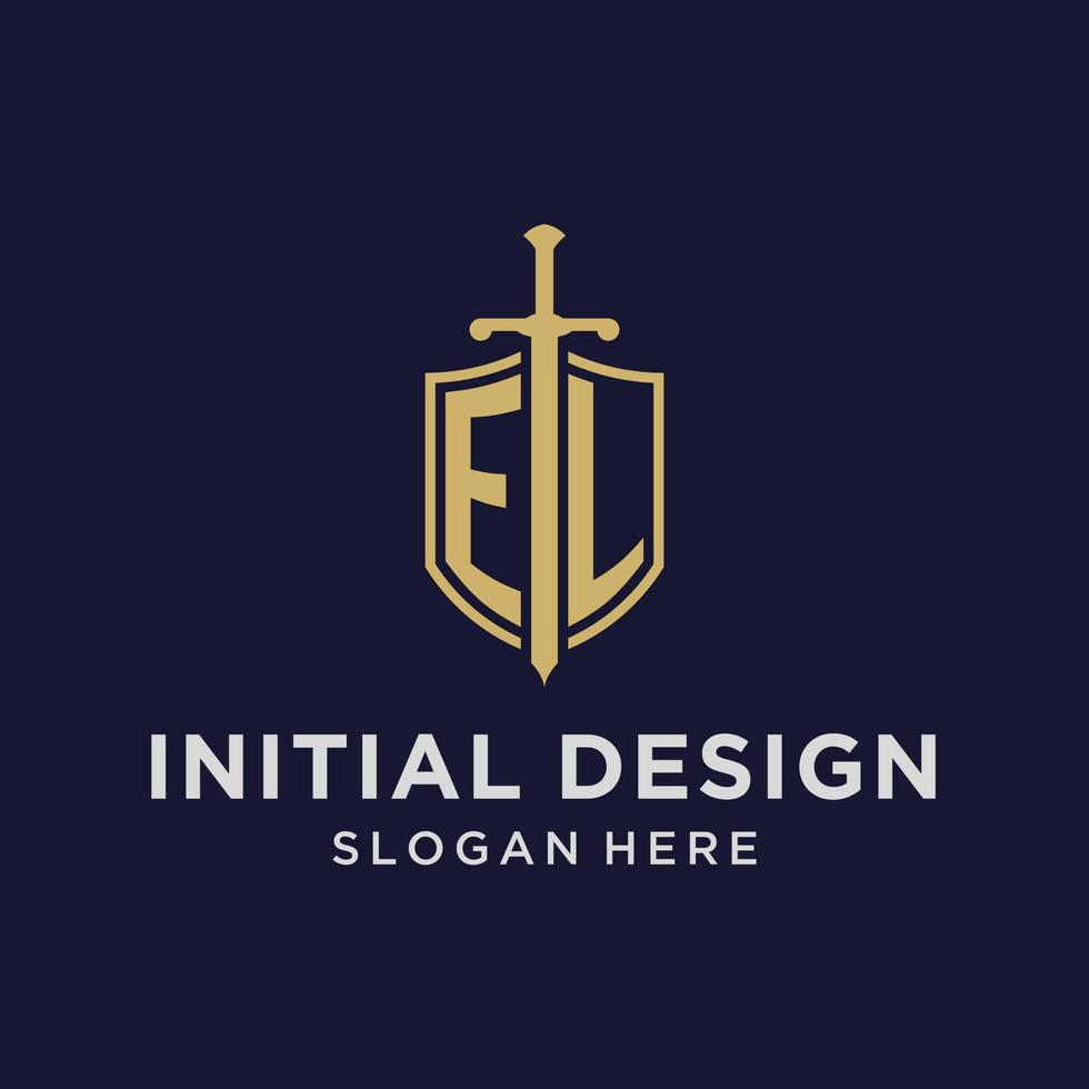 el logo eerste monogram met schild en zwaard ontwerp vector