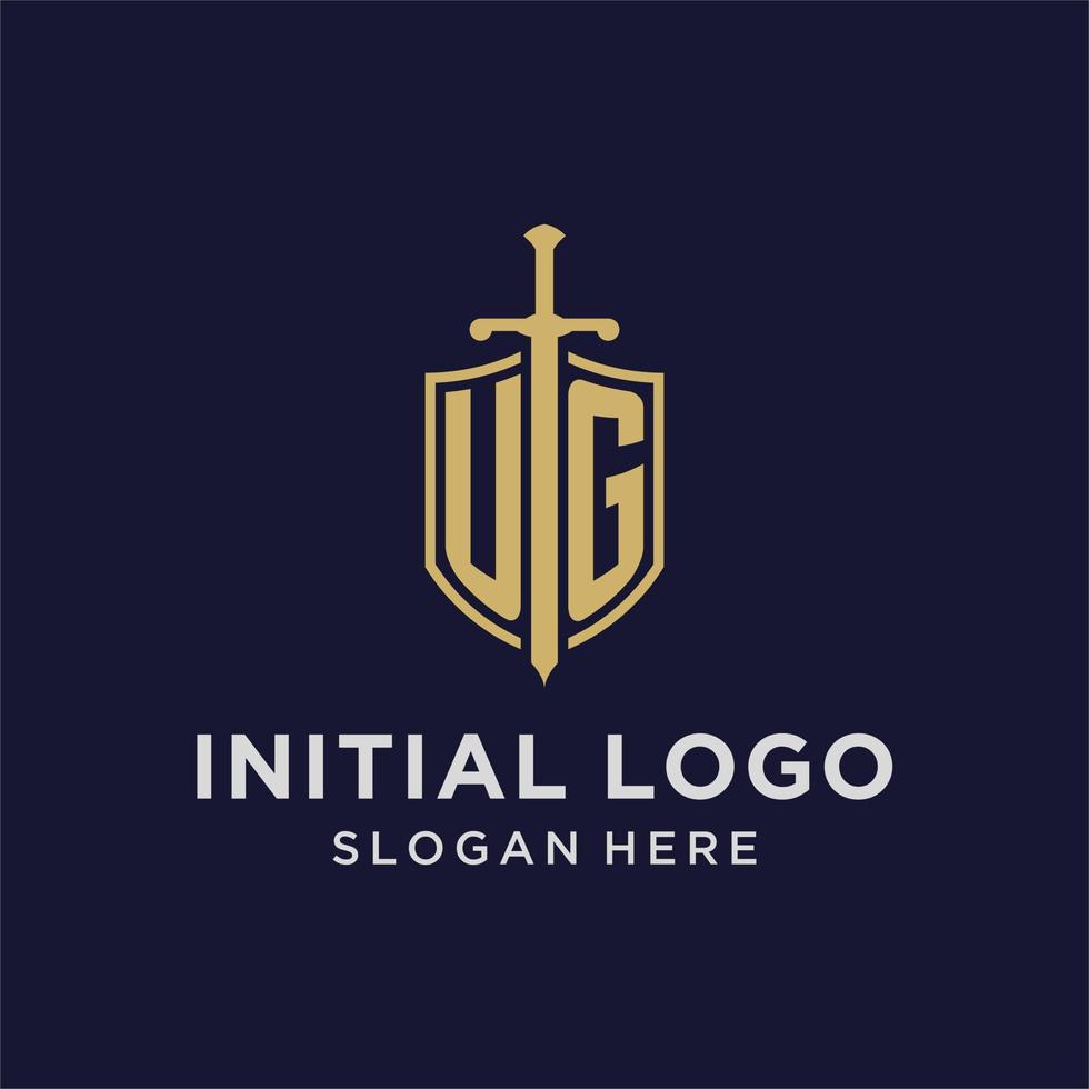 ug logo eerste monogram met schild en zwaard ontwerp vector