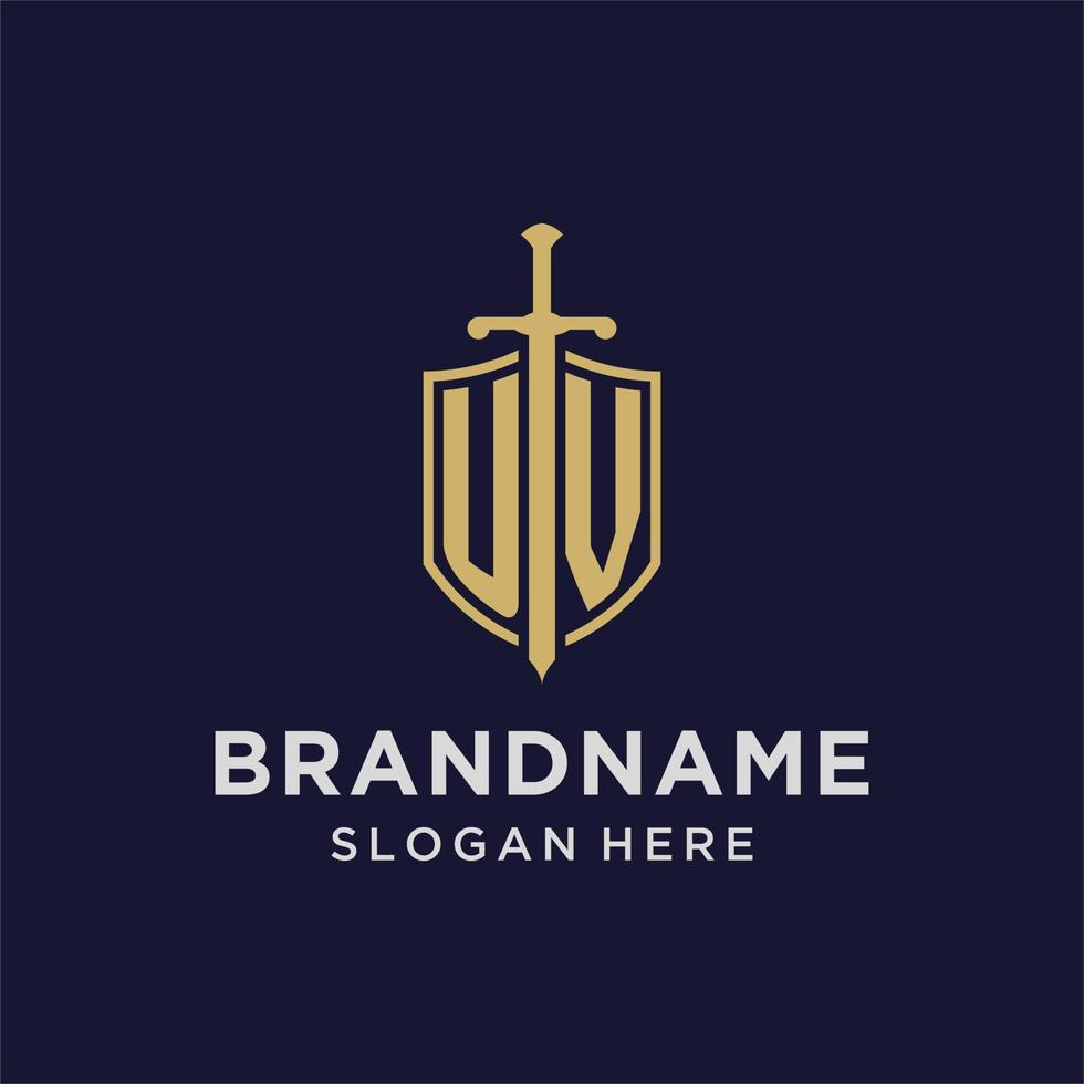 uv logo eerste monogram met schild en zwaard ontwerp vector