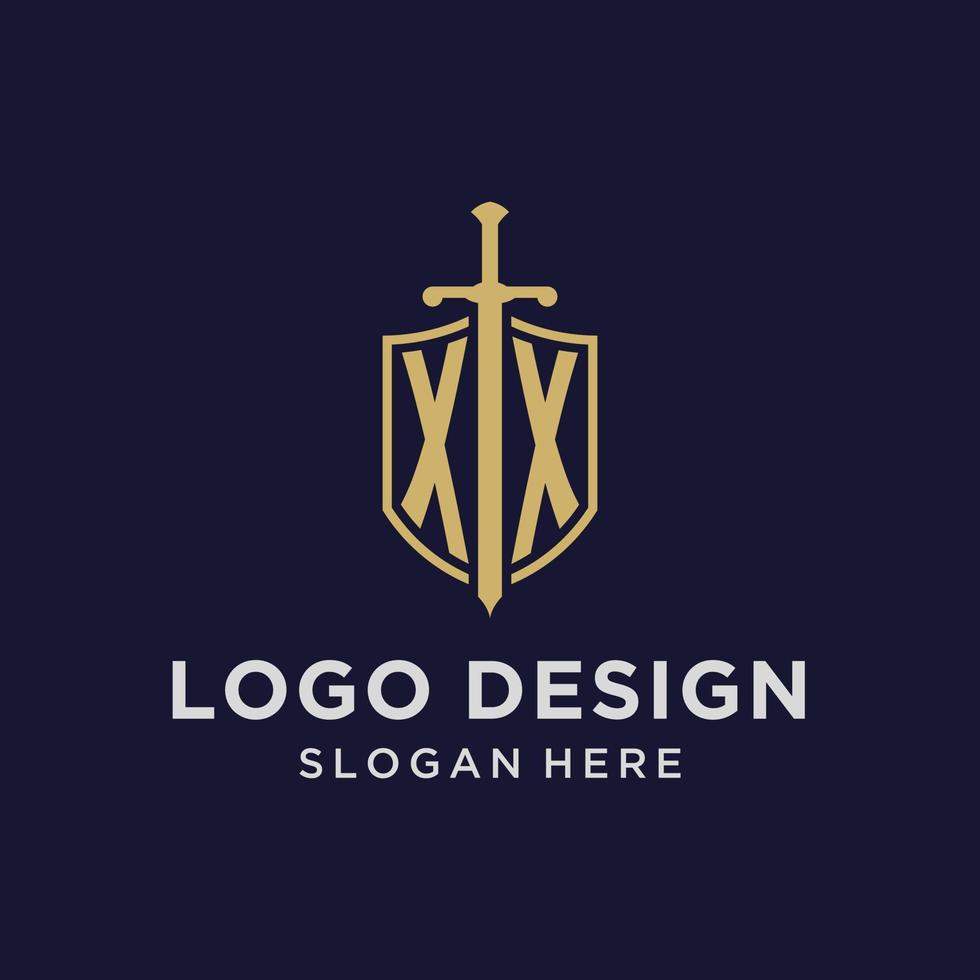 xx logo eerste monogram met schild en zwaard ontwerp vector