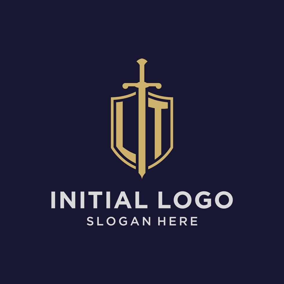 lt logo eerste monogram met schild en zwaard ontwerp vector