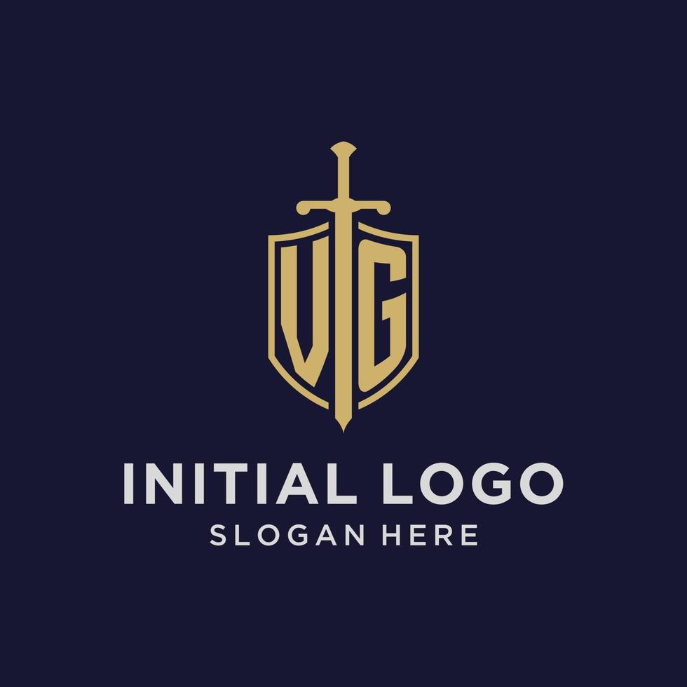 vg logo eerste monogram met schild en zwaard ontwerp vector